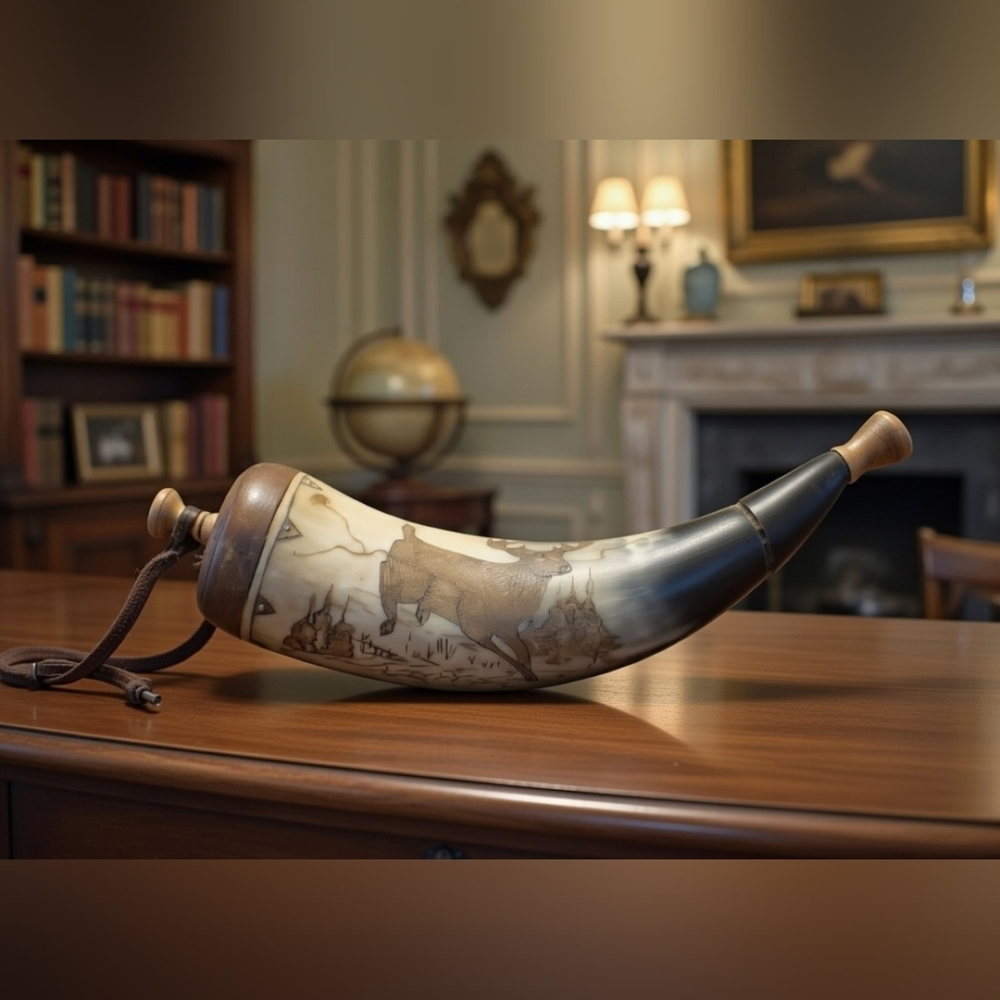 Antique 19th C Engraved Powder Horn - Deer Scene, Signed, 10.5" Folk Art